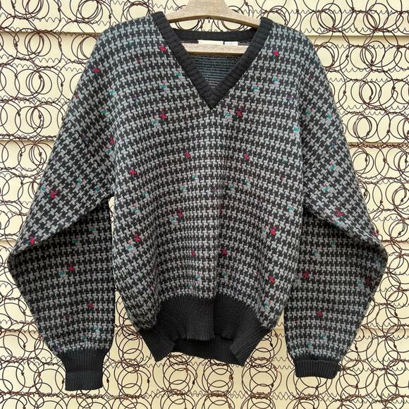 VTG 80s Boundary Waters Black Houndstooth Moody Blue Red accent Wool Blend LARGE - Picture 1 of 7